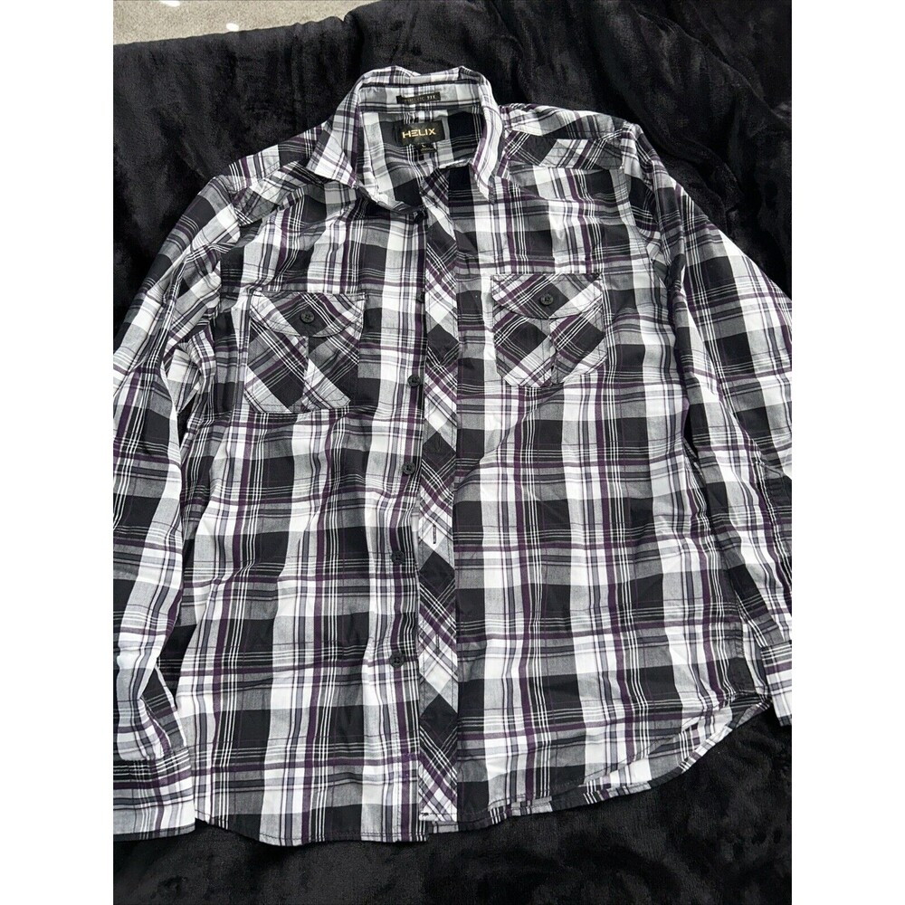 Helix Mens Large Black Purple and White Plaid Button Up Dress Shirt